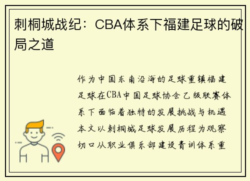 刺桐城战纪：CBA体系下福建足球的破局之道