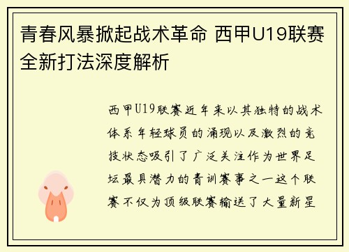 青春风暴掀起战术革命 西甲U19联赛全新打法深度解析