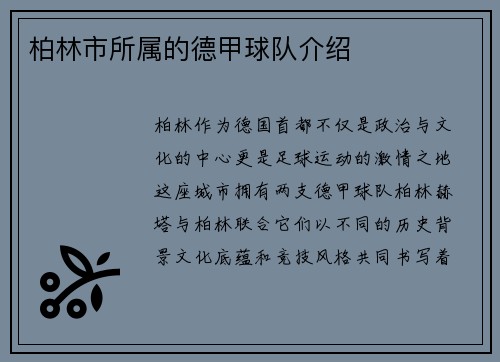 柏林市所属的德甲球队介绍