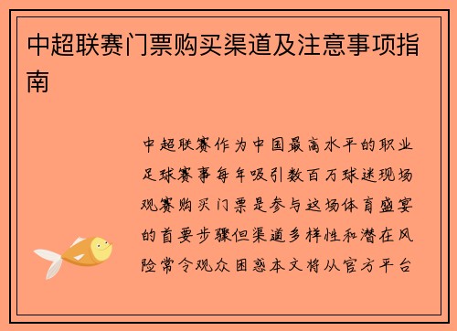 中超联赛门票购买渠道及注意事项指南